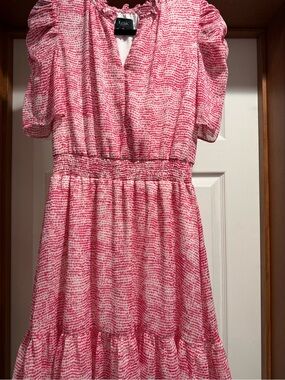 MSK Pink and White Printed Short Sleeve Smocked Waist Dress
